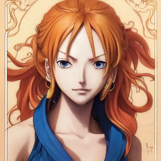 Image similar to intricately detailed vfx portrait of nami from one piece by eiichiro oda!, makoto shinkai, alphonse mucha, art by artgerm and greg rutkowski!, best of behance, concept art, matte, sharp focus, adolphe bouguereau, annie leibovitz, stanley kubrick,