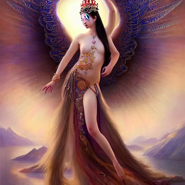 Prompt: beautiful portrait of a sexy mongolian queen goddess spreading it's wings with a gorgeous dress, princess in a sensual pose, sexy face, atmospheric lighting, intricate, volumetric lighting, beautiful, sharp focus, ultra detailed, in the art style of bowater, charlie, brom, gerald, with lake baikal in the background, astrophotography