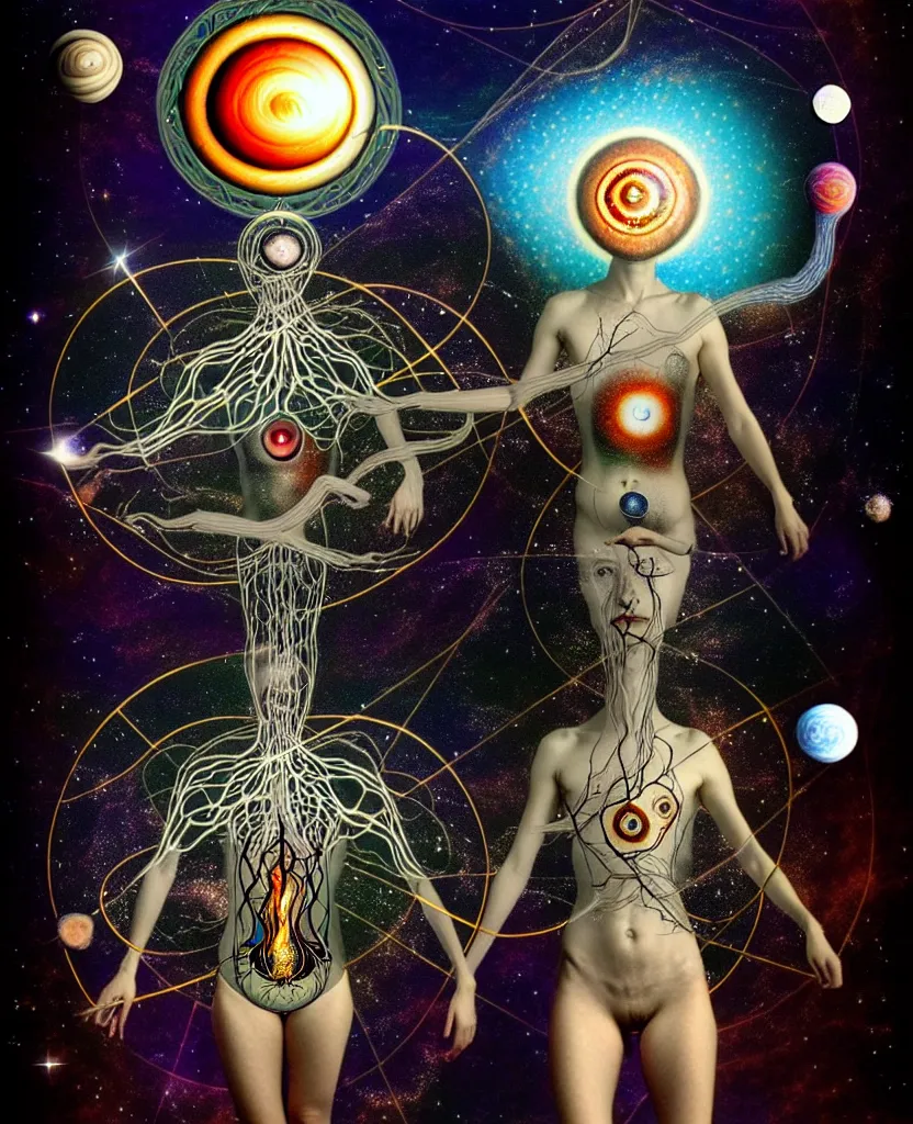 Image similar to inside the universe of a human body soul, whimsical uncanny creature alchemizes unique canto about'as above so below'being ignited by the spirit of haeckel and robert fludd, breakthrough is iminent, glory be to the magic within, to honor jupiter, surreal collage by ronny khalil