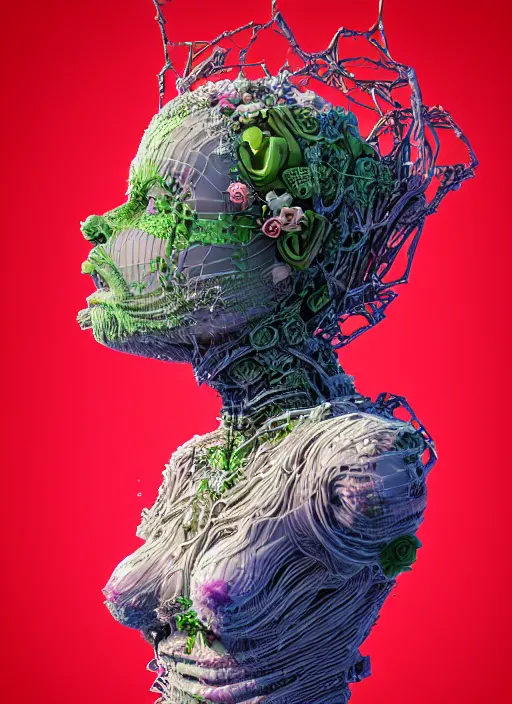 Image similar to hyper detailed 3d render like a sculpture - profile subsurface scattering (a beautiful fae princess protective playful expressive from that looks like a borg queen grumpy cat wearing a sundress made of flowers) seen red carpet photoshoot in UVIVF posing in caustic light pattern pool of water to Eat bite of the Strangling network of yellowcake aerochrome and milky Fruit and His delicate Hands hold of gossamer polyp blossoms bring iridescent fungal flowers whose spores black the foolish stars by Jacek Yerka, Ilya Kuvshinov, Mariusz Lewandowski, Houdini algorithmic generative render, golen ratio, Abstract brush strokes, Masterpiece, Victor Nizovtsev and James Gilleard, Zdzislaw Beksinski, Tom Whalen, Mark Ryden, Wolfgang Lettl, hints of Yayoi Kasuma and Dr. Seuss, Grant Wood, octane render, 8k, maxwell render, siggraph