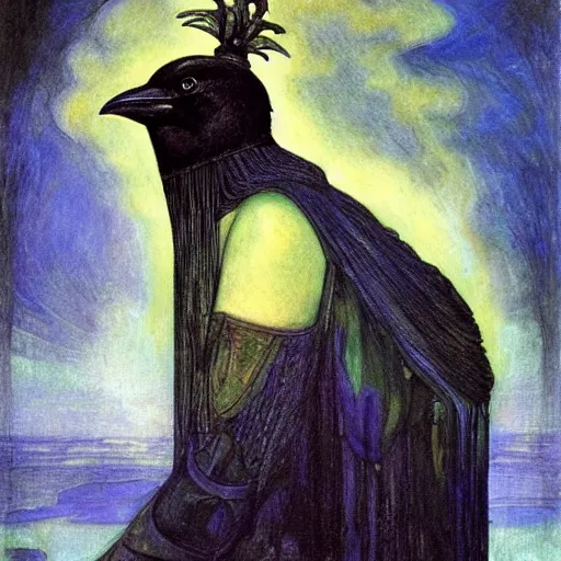 Image similar to the android in her crow crown, by Annie Swynnerton and Diego Rivera, symbolist, dramatic lighting, elaborate geometric ornament, Art Brut ,god rays, soft cool colors,smooth, sharp focus, extremely detailed, Adolf Wölfli