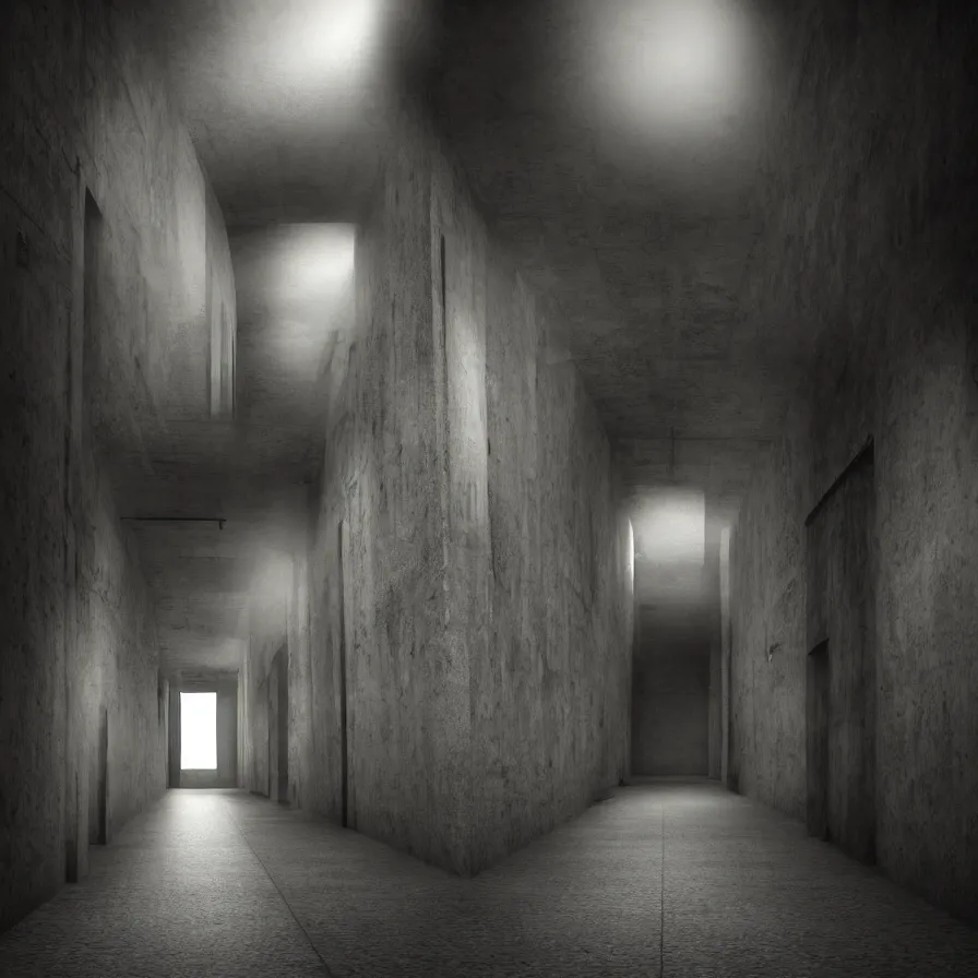 Image similar to dark and dim corridor, haunted, long exposure, detailed, hyper realistic, photorealism, ultra wide angle view, cinematic, peaceful, volumetric lighting