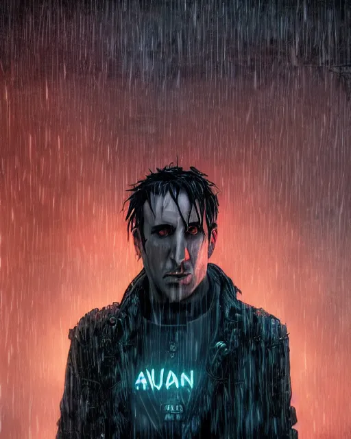 Prompt: An epic fantasy comic book style portrait painting of a very imposing Industrial goth Trent Reznor in the rain, wet hair, neon reflections, character design by Mark Ryden and Pixar and Hayao Miyazaki, unreal 5, DAZ, hyperrealistic, octane render, cosplay, RPG portrait, dynamic lighting, intricate detail, cinematic