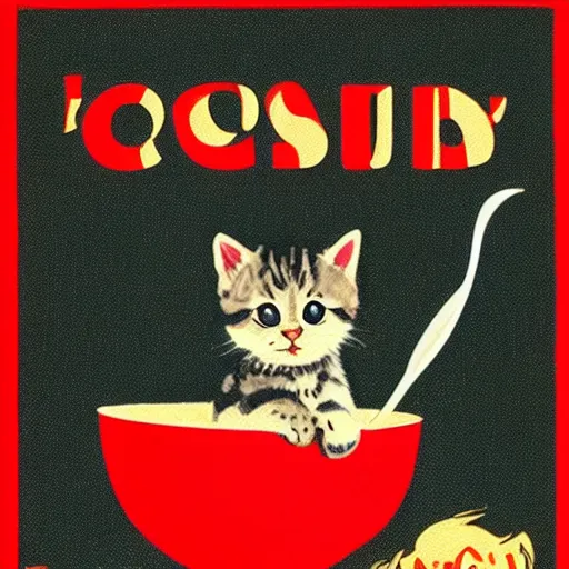 Image similar to baby kitten on a bowl of soup, soviet union poster propaganda