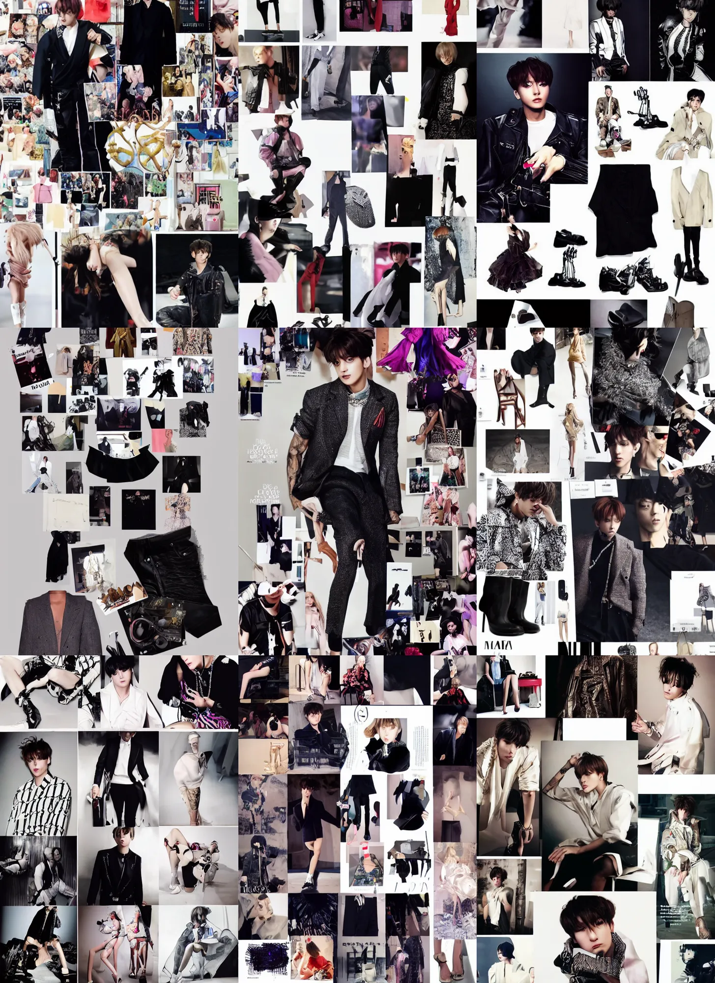 Prompt: jungkook styled by nick knight, moodboard, pinterest posing, high fashion expensive award winning outfits, glamour, full body shot, set pieces, intricate set, vogue magazine, canon, highly realistic. high resolution. highly detailed. dramatic. 8 k. 4 k.