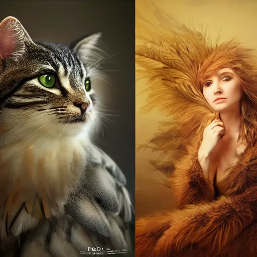 Prompt: portrait character design, a cute feathered cat in an autumn forest, feathers plumage, plumed by brian froud, portrait studio lighting by jessica rossier and brian froud and gaston bussiere