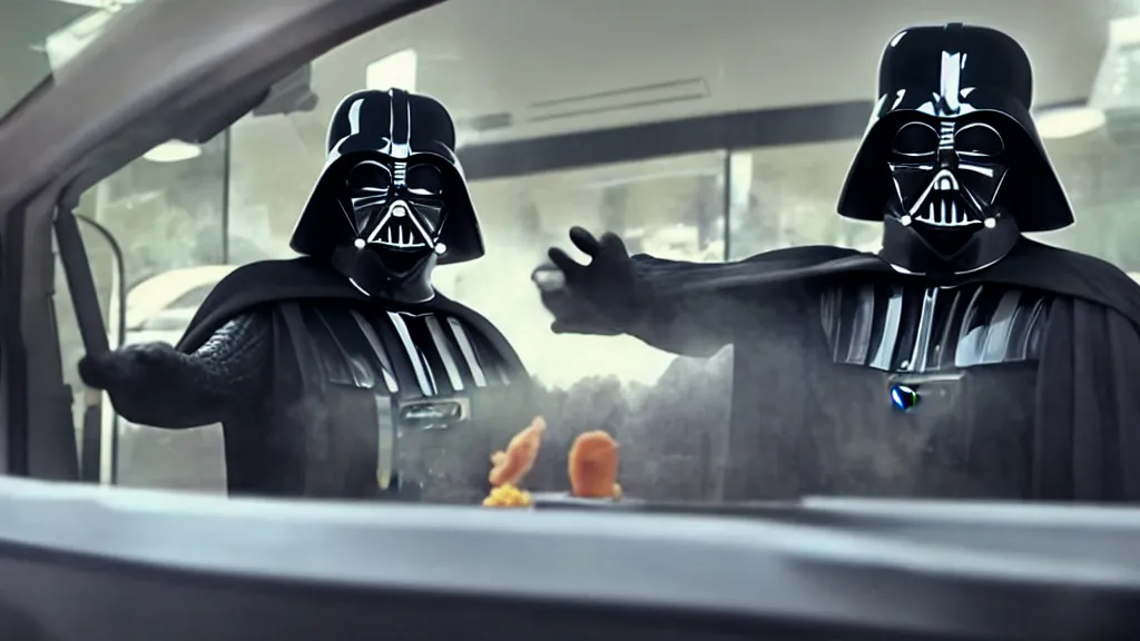 Prompt: Darth Vader working Mcdonalds Drive through, film still from the movie directed by Denis Villeneuve with art direction by Salvador Dalí, wide lens