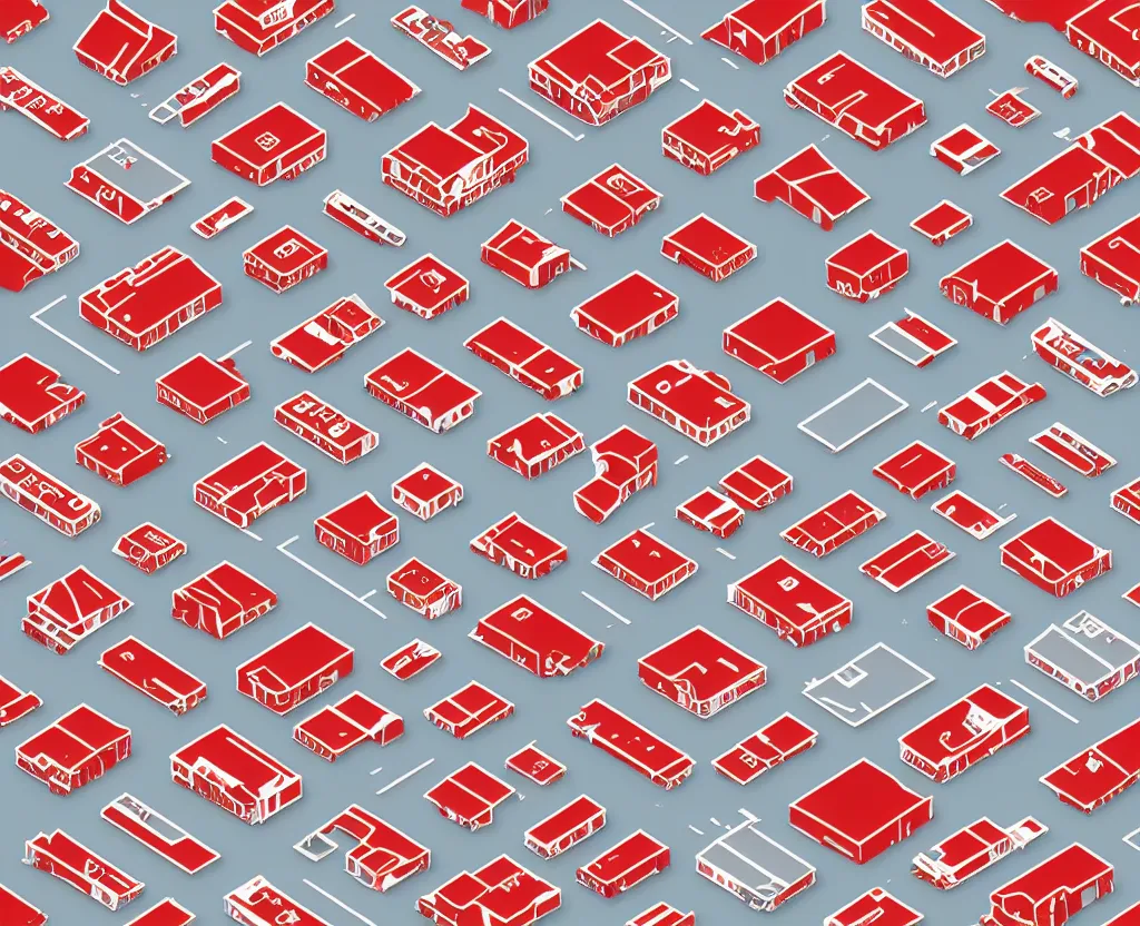 Prompt: tiny rectangular red icons cover a Muted White on Grey Vector map of a little town, vector graphics, highly detailed, technical drawing