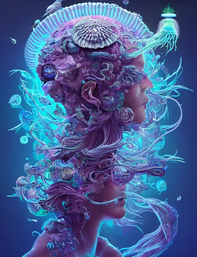 Image similar to goddess macro shouler portrait from bottom to top in crown made of ram skull. betta fish, jellyfish phoenix, bioluminiscent, plasma, ice, water, wind, creature, super intricate ornaments artwork by tooth wu and wlop and beeple and greg rutkowski and alexander fedosav