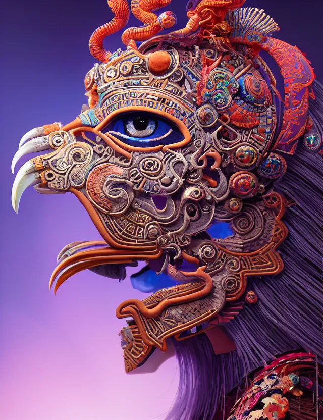 Image similar to 3 d goddess close - up profile portrait aztec with ram skull. beautiful intricately detailed japanese crow kitsune mask and clasical japanese kimono. betta fish, jellyfish phoenix, bio luminescent, plasma, ice, water, wind, creature, artwork by tooth wu and wlop and beeple and greg rutkowski