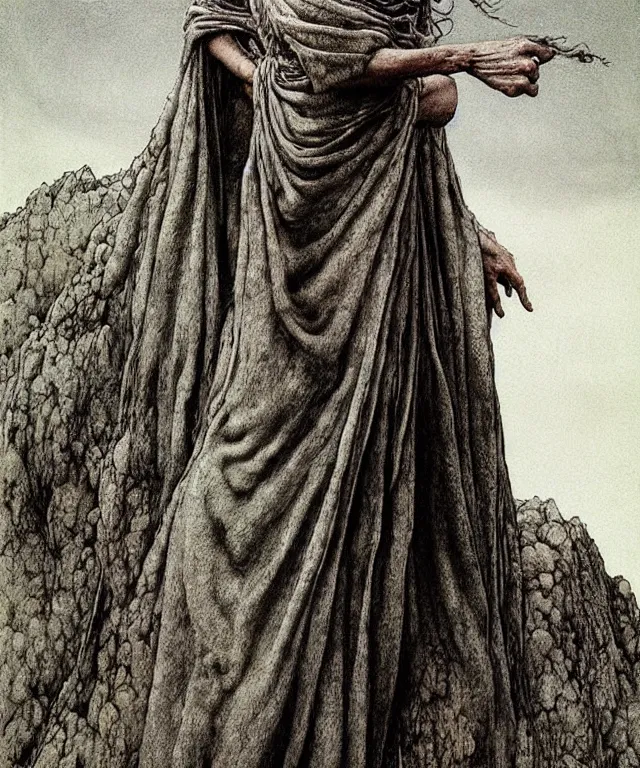 Prompt: A detailed semisnake-semiwoman stands among the hills. Wearing a ripped mantle, robe. Extremely high details, realistic, fantasy art, solo, masterpiece, art by Zdzisław Beksiński, Arthur Rackham, Dariusz Zawadzki