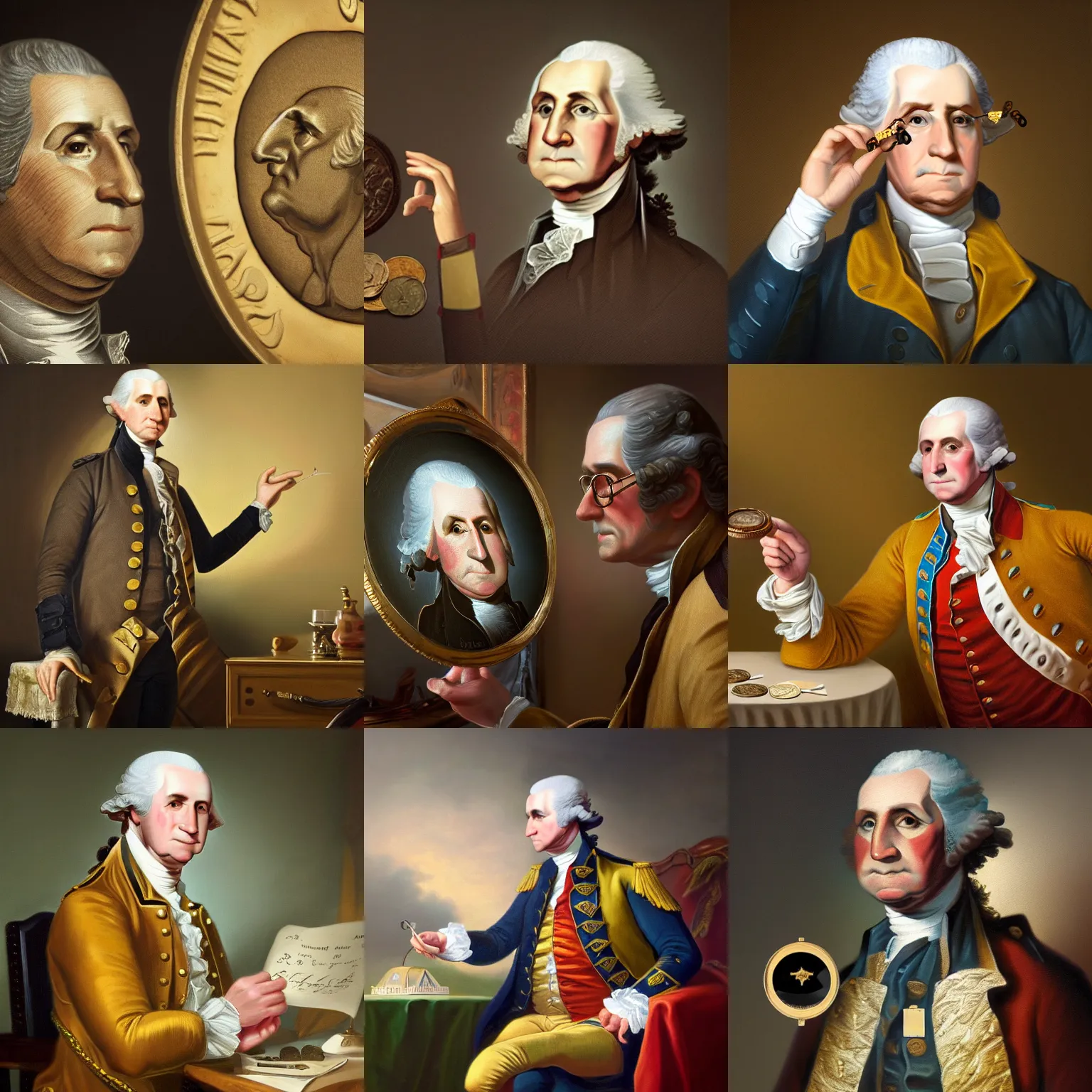 Prompt: a photorealistic canvas painting of George Washington inspecting a Brasher Doubloon coin with his spectacles. This 4K HD image is Trending on Artstation, featured on Behance, well-rendered, extra crisp, features intricate detail and the style of Unreal Engine.