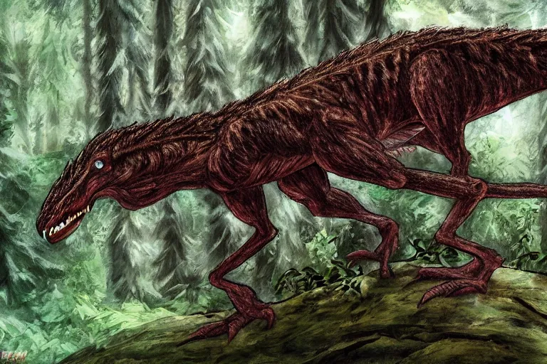 Image similar to highly detailed photograph of a oil velociraptor!! in the forest, featured on pixiv