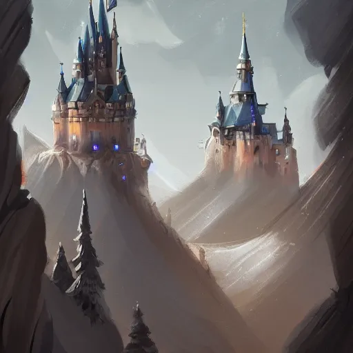 Image similar to a digital painting in the style of ilya lushnikov of a magnificent light grey high fantasy castle on top of a mountain. below is a bustling town filled with people, artstation, rainy weather, brushtrokes