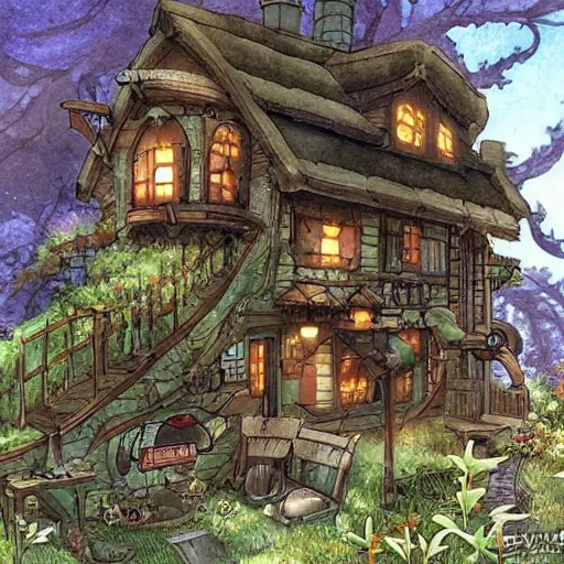 Image similar to Studio Ghibli steampunk cottage in the woods by a stream by Hayao Miyazaki