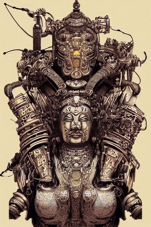 Prompt: a study of cell shaded illustration of a neofuturistic ornate cyborg robot fu manchu buddha with a big belly dancing like shiva, golden ratio, post grunge screen print poster, character concept art by Miles Tsang, highly detailed, sharp focus, motherboard, Artstation, deviantart, artgem