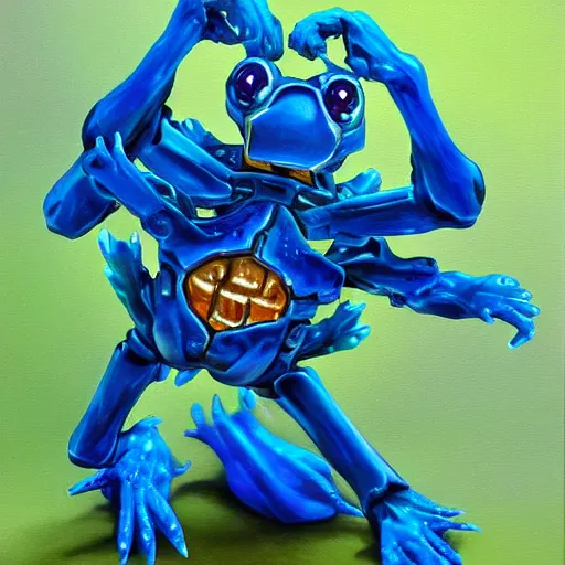 Image similar to Trending on artstation, Blue frog trapped in a metal cage from Yu-Gi-Oh, in the style of Kazuki Takahashi, oil on canvas