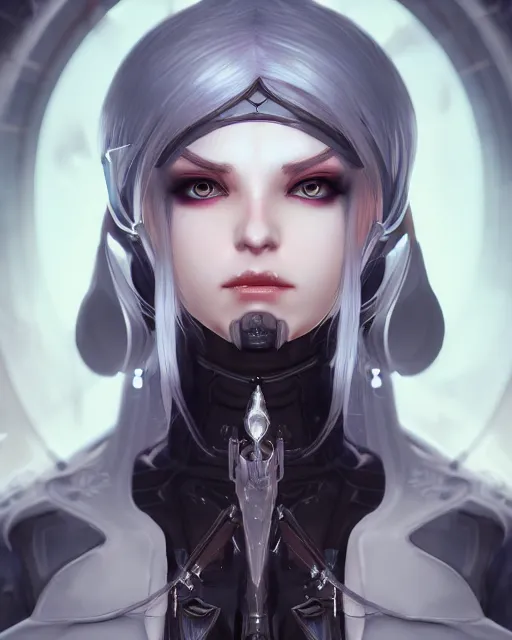 Image similar to holy cyborg necromancer girl, elegant, perfect face, scifi, futuristic, utopia, garden, illustration, atmosphere, warframe, blue eyes, white hair, artstation, nier automata, highly detailed, art by yuhong ding and chengwei pan and serafleur and ina wong