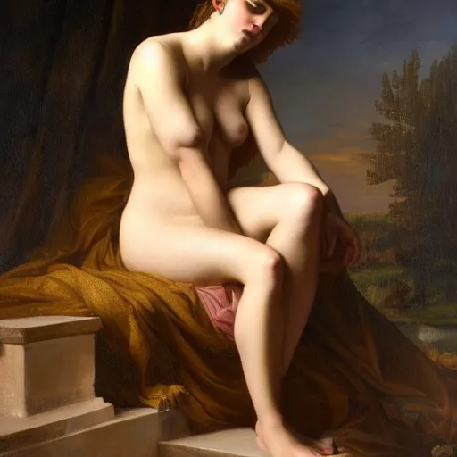 Image similar to oil painting of a beautiful woman mourning the death of a monster by Guillaume Seignac