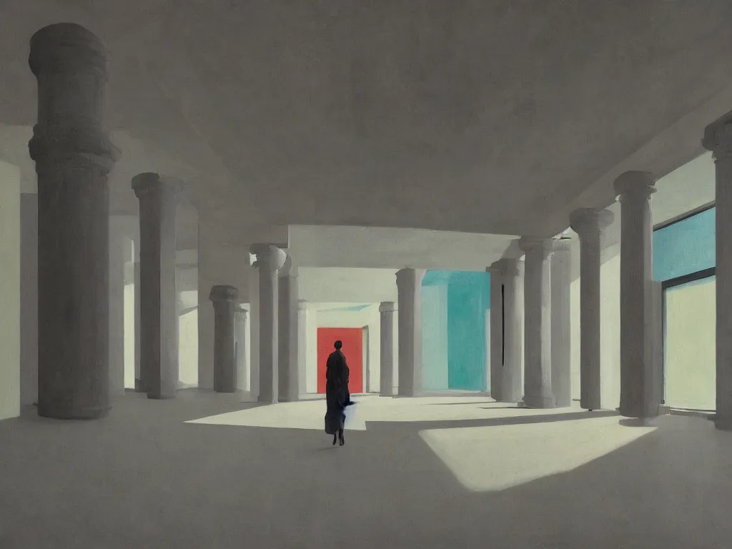 Image similar to colorful minimalist industrial interior hallway with monolithic pillars in the style of ridley scott and stanley kubrick, impossible architecture, pool ceiling, bed of flowers on floor, ultra view angle view, lone person in the distance, realistic detailed painting by edward hopper