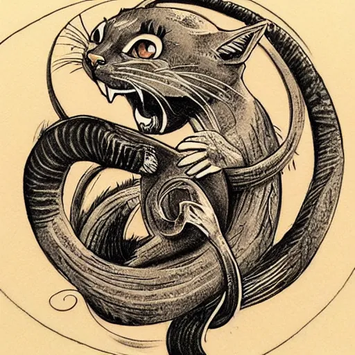 Prompt: one cat biting it's tail, Ouroboros, circle 0f life, tattoo design, designed by Iain McCaig