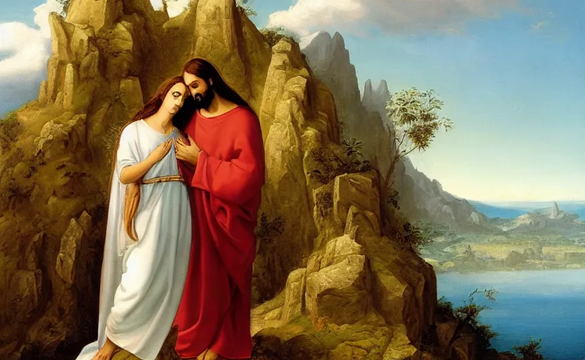 Image similar to jesus and mary magdalene standing on a cliff looking over a beautiful landscape, paradise