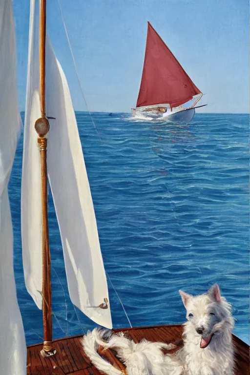 Prompt: A beautiful 40 feet Swedish sailboat from the 1950s in The Swedish archipelago. Pocky, a cute, curly, small white dog, wearing a life west is guarding on deck, natural sunlight, renaissance oil painting on canvas.