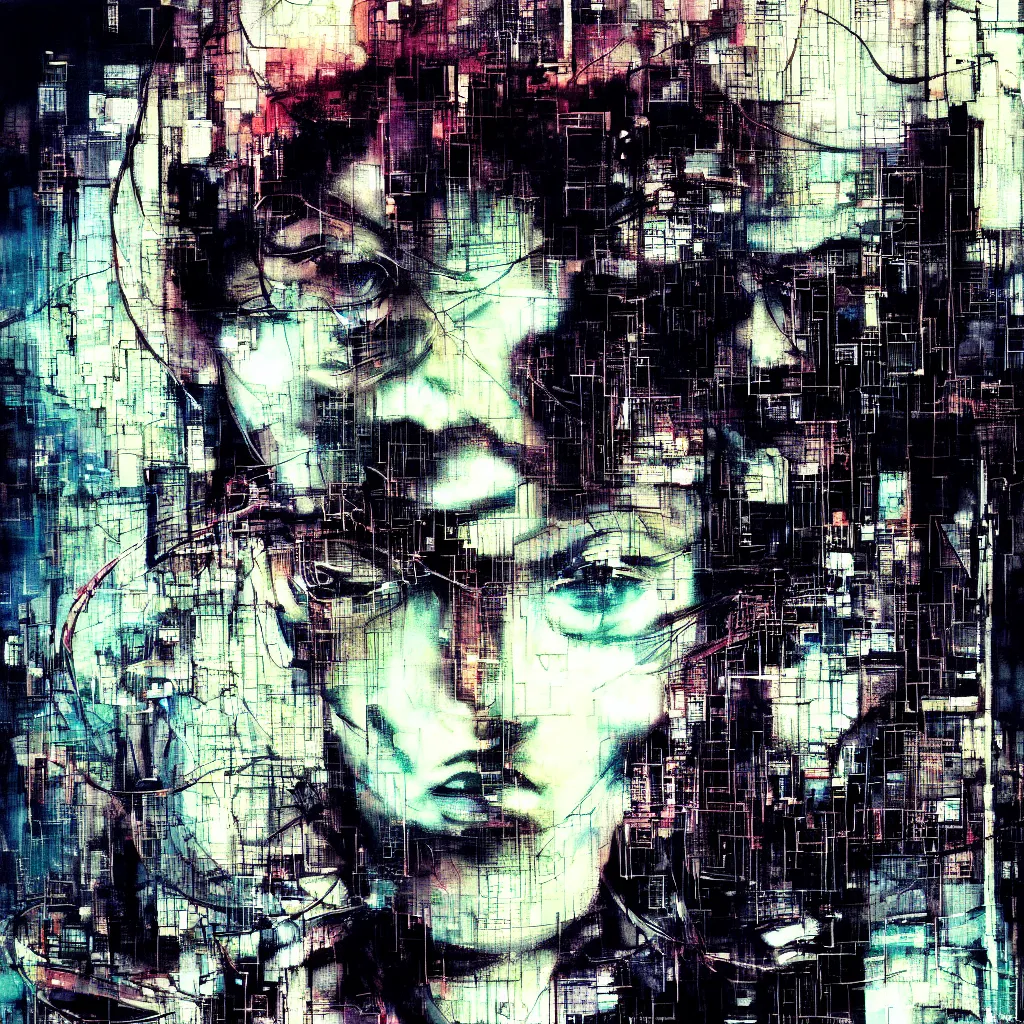 Image similar to glitchcore portrait of a cyberpunk dreamer, wires, machines, in a dark future city by jeremy mann, francis bacon and agnes cecile, and dave mckean ink drips, paint smears, digital glitches glitchart