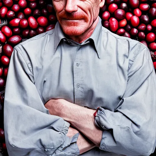 Image similar to closeup portrait of happy bryan cranston, mouth full with cranberies, submerged in cranberries, food photography, natural light, sharp, detailed face, magazine, press, photo, steve mccurry, david lazar, canon, nikon, focus