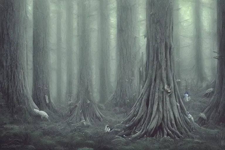 Image similar to old growth forest by Shaun Tan and Eywind Earle, trending on artstation