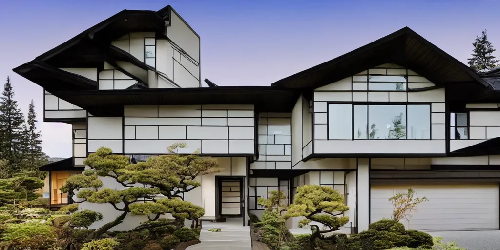 Image similar to large modern residence, pacific northwest japanese style, flared japanese black tile roof, many large windows, elegant