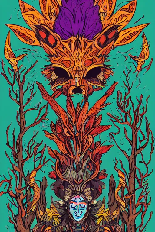 Image similar to animal mask totem roots flower tribal feather gemstone plant wood rock shaman vodoo video game vector cutout illustration vivid multicolor borderlands comics by josan gonzales and dan mumford radiating a glowing aura