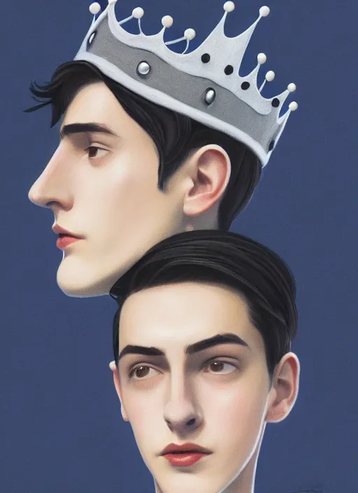 Image similar to portrait of teenage jughead jones wearing a light grey crown, crown, blue turtleneck, 1 9 5 0 s, closed eyes, photorealistic, black hair, glowing lighting, intricate, elegant, glowing lights, highly detailed, digital painting, artstation, concept art, smooth, sharp focus, illustration, art by wlop, mars ravelo and greg rutkowski