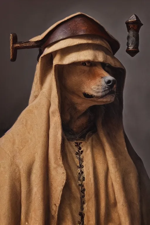 Prompt: Slavic dog head man, woolen torso in medieval clothes, Orthodox , oil painting, hyperrealism, beautiful, high resolution, trending on artstation, holding axe,