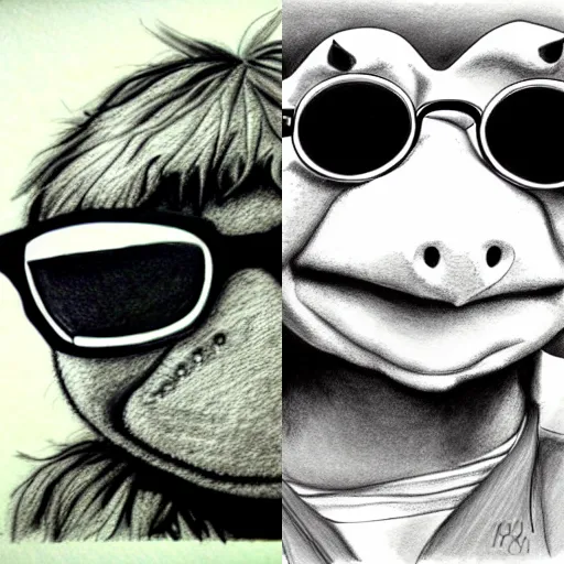 Prompt: portrait kermit in sunglasses, realistic, ink, line drawing, sketch, fineart