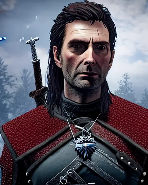 Image similar to David Tennant in the role of Witcher III Gerald of Rivia, amazing short, 8K, IMAX, ultra detailed