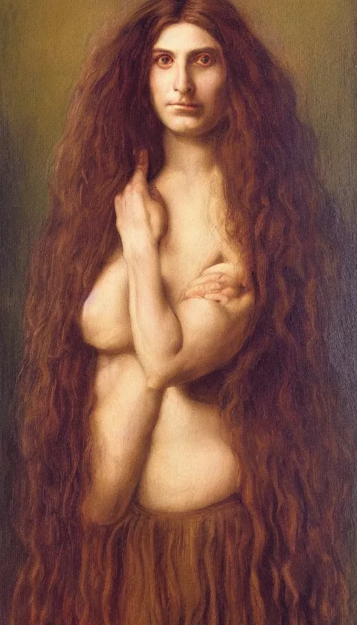 Prompt: a painting of a man with long hair, a portrait by Robert Lenkiewicz, cg society, pre-raphaelitism, da vinci, studio portrait, oil on canvas