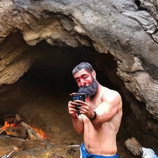 Image similar to “colur photo an homo Neanderthal taking a photo with his iPhone in front of a cave to a rusted pork on the fire, photoreal photojournalism, National Geographic style”