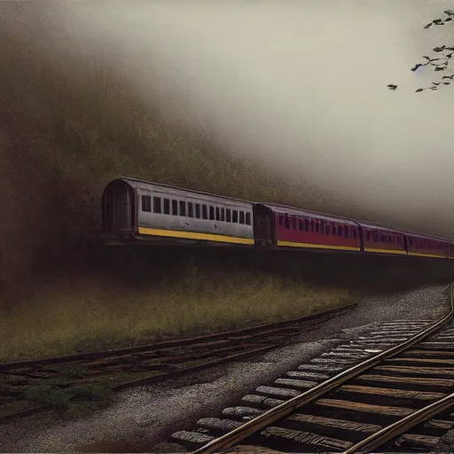 Image similar to an old train under the bridge by Aron Wiesenfeld and beksincki, cinematic, detailed illustration, nature, fog, dark colors, suspense, intricate, 8k