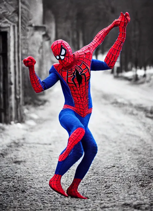 Prompt: stunning dslr photograph of ( ( ( ( granny spiderman ) ) ) ) in rural russia town, knitted suit, closeup, dynamic pose, closeup, aperture 1. 2