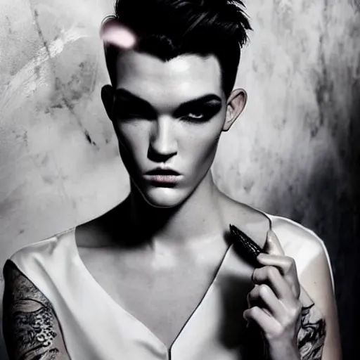 Prompt: stunning portrait of androgynous ruby rose as desire from sandman in a white tuxedo!!!, rockabilly style, by gregory crewdson, by alphonse mucha, by jeremy mann, by peter lindbergh, dave mckean, white suit and black tie, soft lightning, high detailed, 8 k