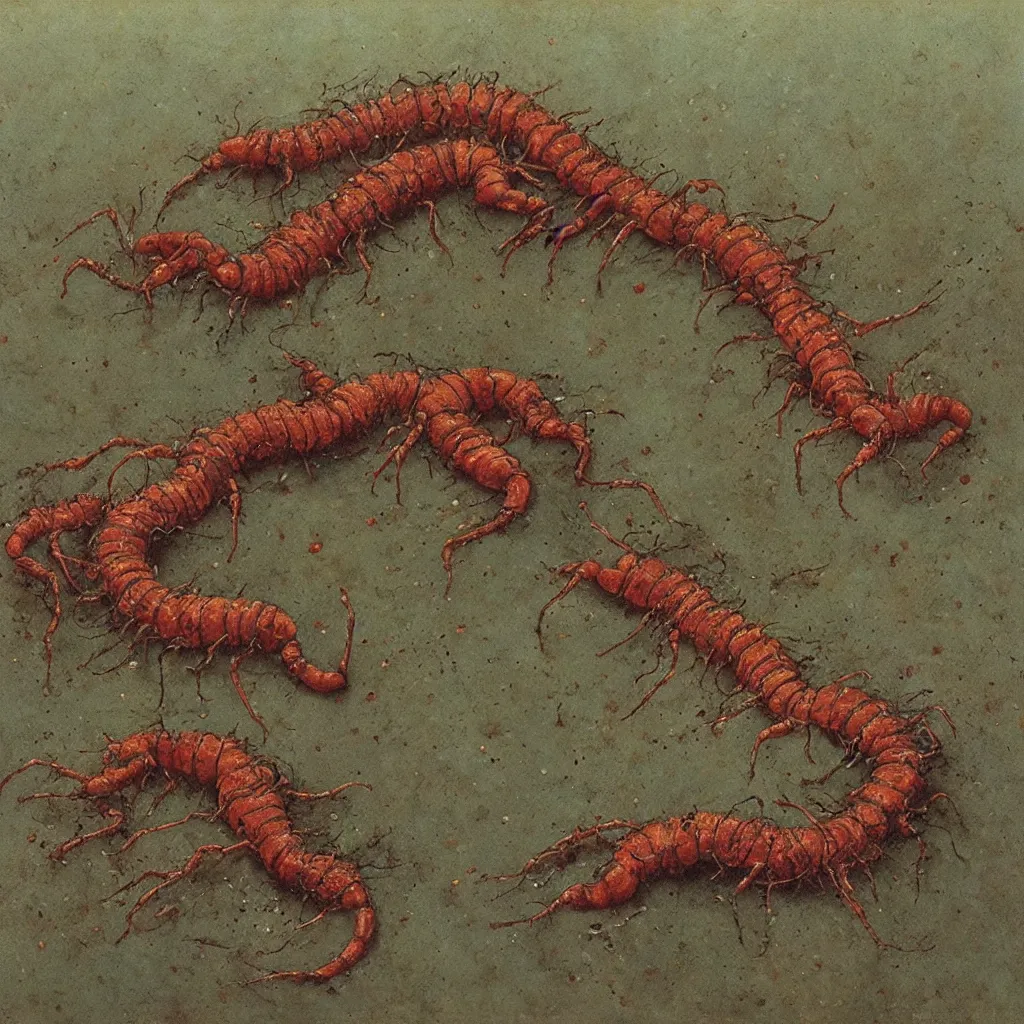 Prompt: rotten food, centipede, beksinski