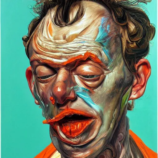 Image similar to high quality high detail portrait painting of a man in agony by lucian freud and jenny saville and francis bacon, hd, anxiety, turquoise and orange