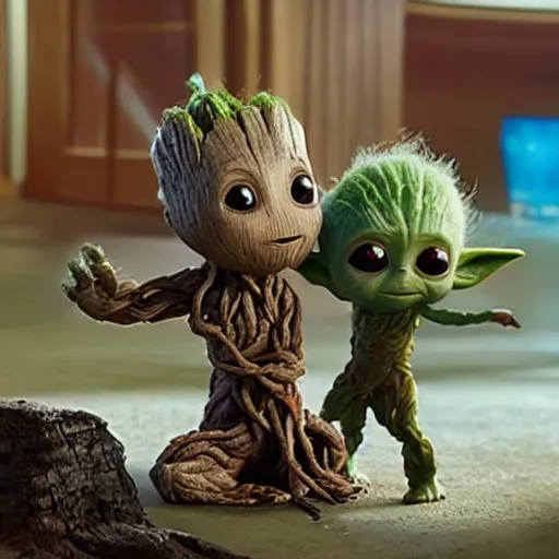 Image similar to baby groot and baby yoda having fun playing games, highly detailed