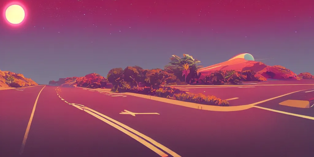 Image similar to a painting of a road with a red moon in the background, a matte painting by beeple, behance contest winner, space art, outrun, synthwave, retrowave