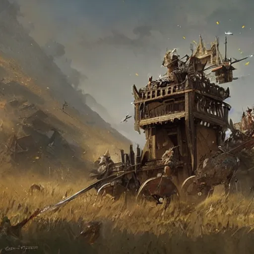 Image similar to a moving siege tower with cart wheels, crossbow on the tower, epic fantasy style art by Craig Mullins, fantasy epic digital art, epic fantasy card game art by Greg Rutkowski