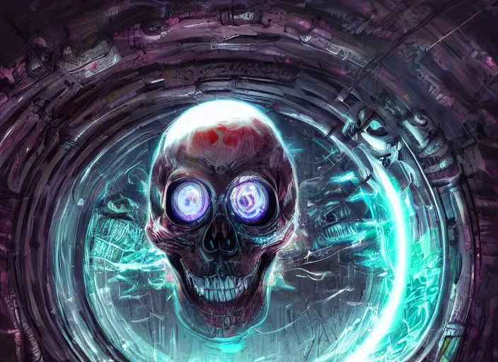 Prompt: a futuristic skull with glowing eyes and a wormhole tunnel by android jones, artstation hd