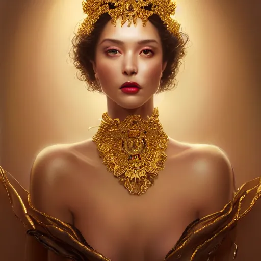 Prompt: expressive oil painting, of alluring european princess, seductive look, smooth glowing skin, glistening body, love, adoration, ornate headpiece made from beads, gold choker, gold earrings, glamour shot, by yoshitaka amano, by greg rutkowski, by jeremyg lipkinng, by artgerm, digital art, octane render, white dress