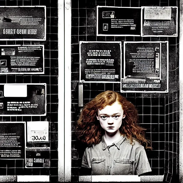 Image similar to sadie sink as a coal miner : inserts a card into a slot. inside a minimalist dirty automated kiosk. bright tasty food options displayed on a wall. black tiles on walls. a seat and table. black and white, pencil and ink. by gabriel hardman, joe alves, chris bonura. cinematic atmosphere, detailed and intricate, perfect anatomy