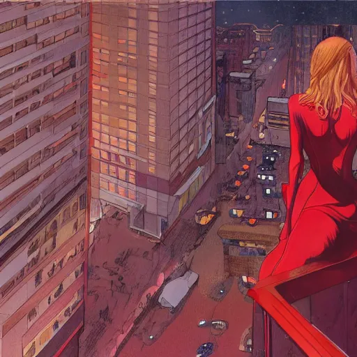 Image similar to a beautiful artwork of a woman in red dress sitting on the balcony of a hotel at night, top view, by Jerome Opeña, featured on artstation